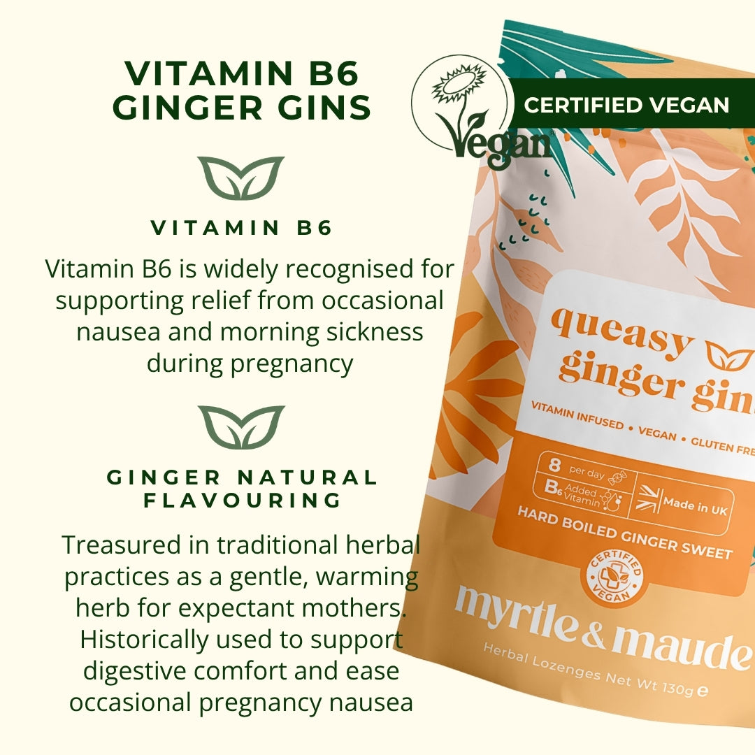 Vitamin B6 ginger gins hard boiled sweets for pregnancy nausea relief - natural ginger flavoured lozenges with vitamin B6 supplement, certified vegan morning sickness remedy