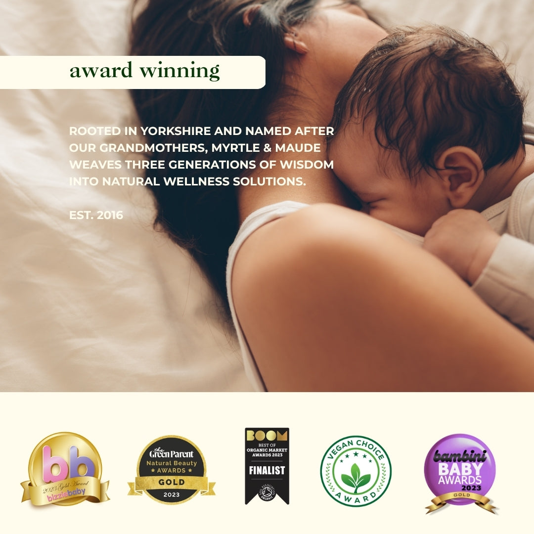 Award-winning Myrtle & Maude postpartum recovery products with breastfeeding mother and baby - Yorkshire-based natural wellness company established 2016, three generations of herbal wisdom for new mothers' recovery