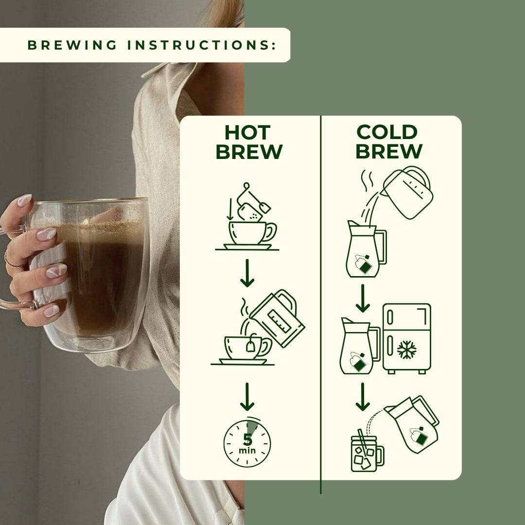 How to brew organic pregnancy teas - hot and cold brew methods shown with woman holding herbal tea cup