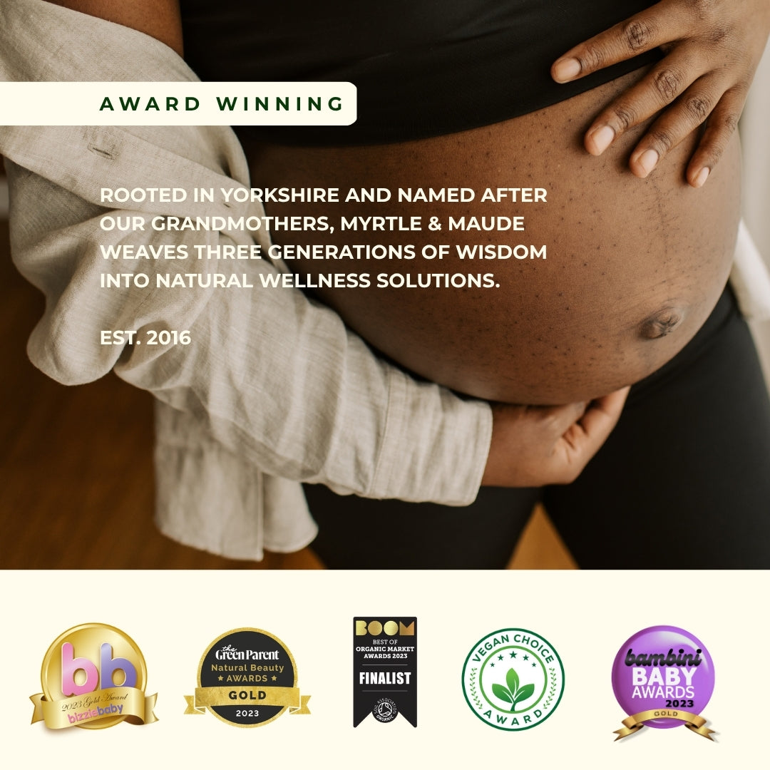 Award-winning pregnant woman with Myrtle &amp; Maude morning sickness trio bundle - Yorkshire company established 2016 with multiple pregnancy and baby industry awards