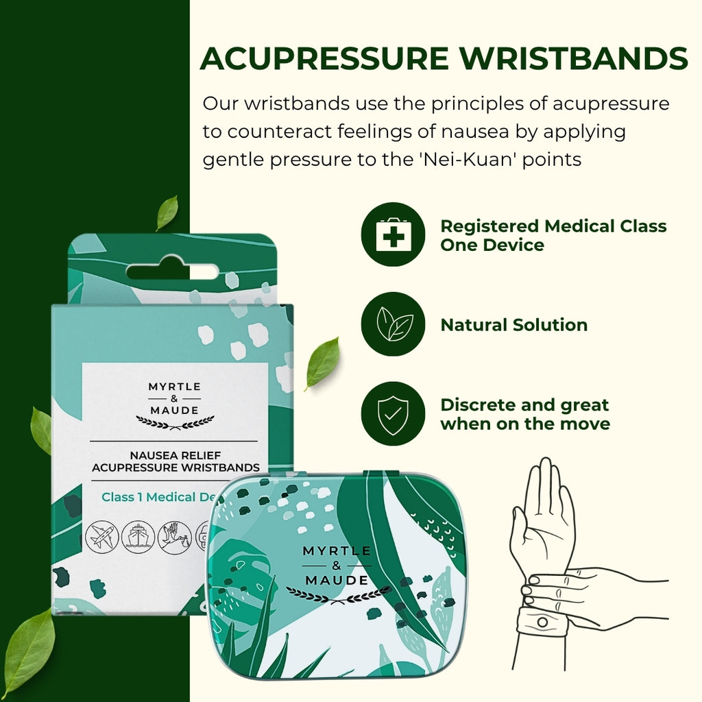 Nausea relief acupressure wristbands for pregnancy morning sickness - Class 1 medical device using Nei-Kuan pressure points for natural anti-nausea treatment, discrete and portable