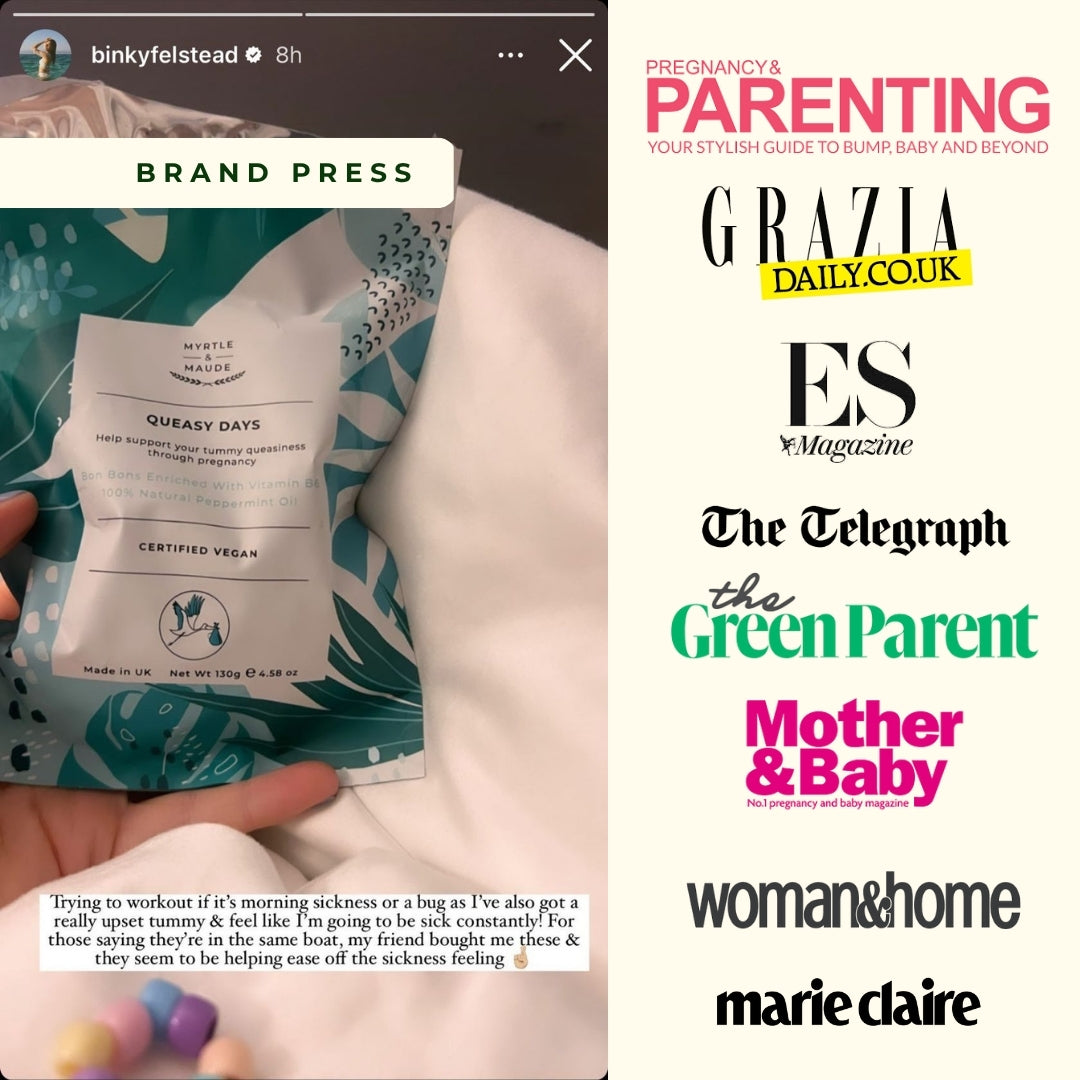 Myrtle & Maude morning sickness products featured in major publications including Pregnancy & Parenting, Grazia, ES Magazine, The Telegraph, The Green Parent, Mother & Baby, Woman & Home and Marie Claire