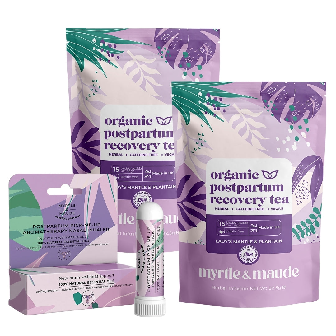 Postpartum recovery kit Myrtle & Maude organic herbal tea aromatherapy nasal inhaler new mothers23