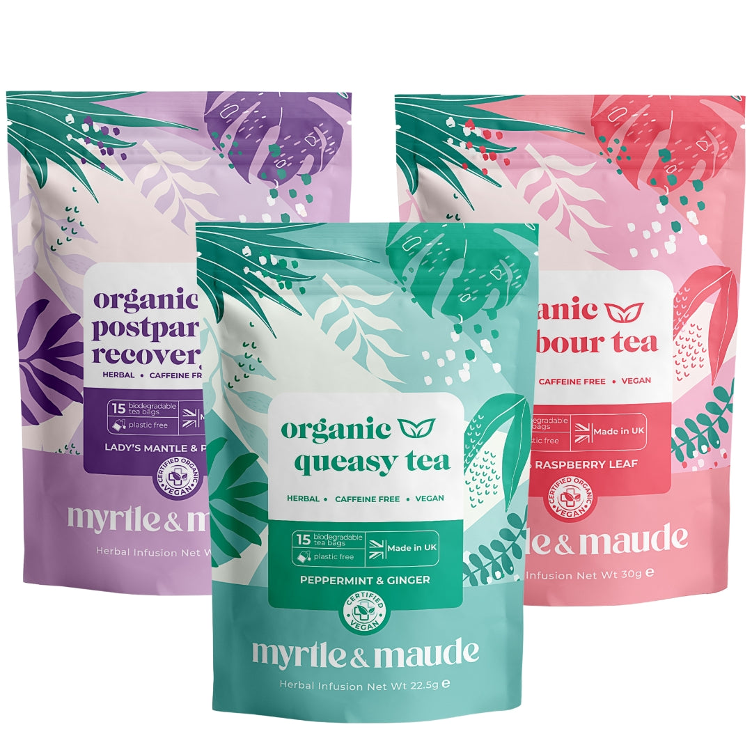 Myrtle & Maude Organic Trimester Teas Bundle - Morning Sickness Tea, Raspberry Leaf Labour Tea, and Postpartum Recovery Tea Set