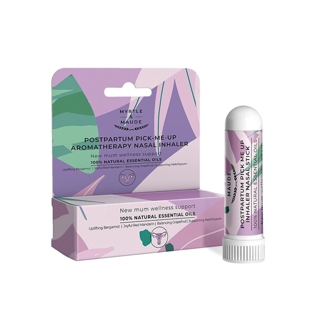 Myrtle & Maude postpartum pick-me-up aromatherapy nasal inhaler with 100% natural essential oils - portable essential oil stick for new mother wellness support with uplifting bergamot, joyful red mandarin and balancing grapefruit