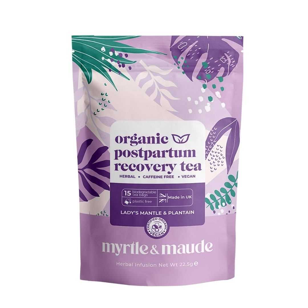 Myrtle & Maude organic postpartum recovery tea with Lady's Mantle and Plantain - certified organic vegan herbal tea for new mothers' uterine recovery and hormonal rebalancing, 15 biodegradable tea bags made in UK
