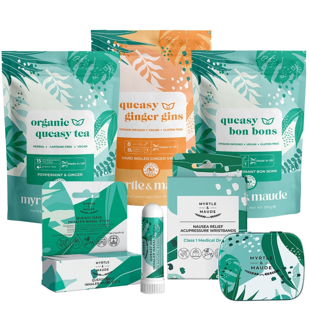 Ultimate morning sickness pregnancy relief kit by Myrtle & Maude featuring organic queasy tea, vitamin B6 ginger sweets, peppermint bon bons, aromatherapy nasal stick and acupressure wristbands for natural nausea relief