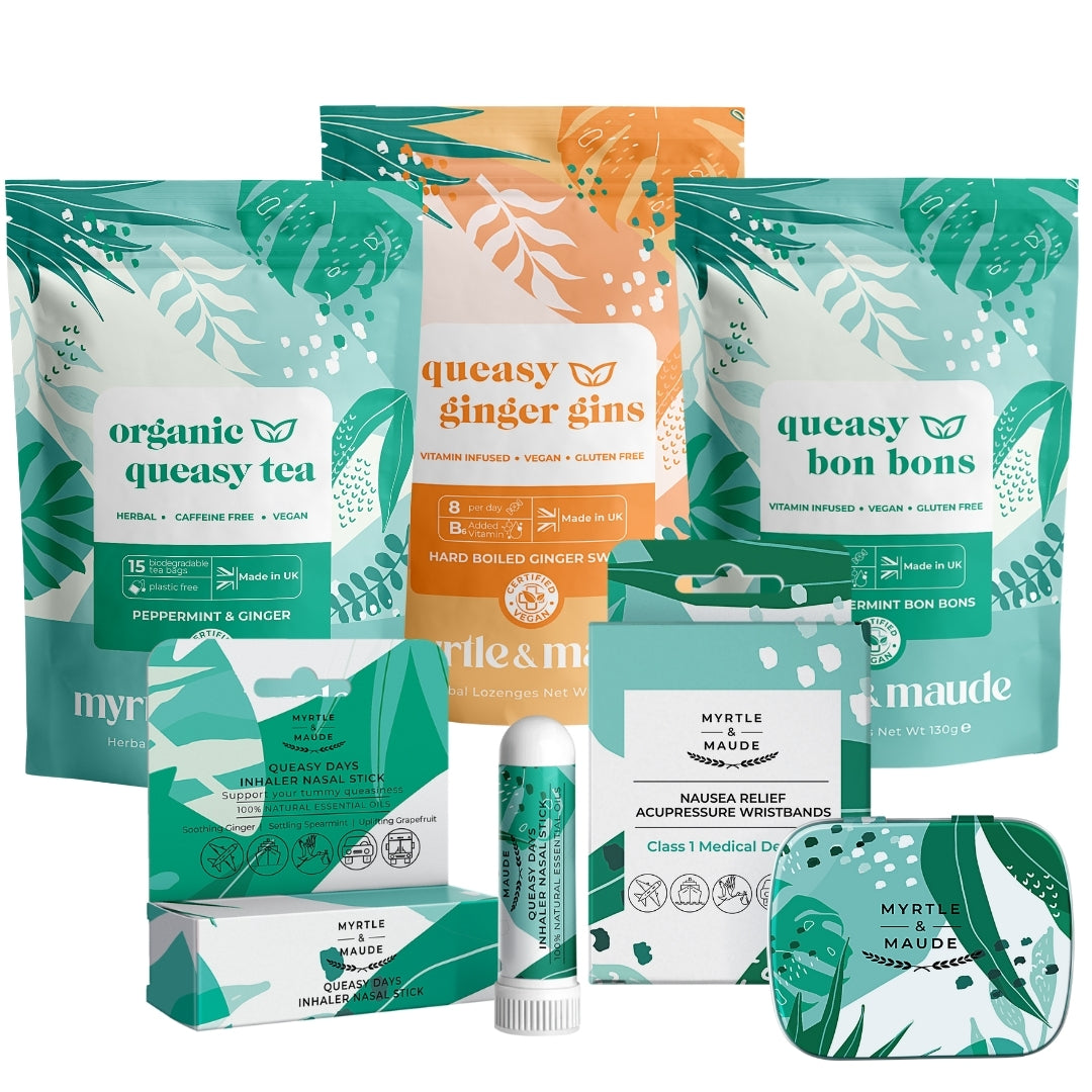 Ultimate morning sickness pregnancy relief kit by Myrtle & Maude featuring organic queasy tea, vitamin B6 ginger sweets, peppermint bon bons, aromatherapy nasal stick and acupressure wristbands for natural nausea relief