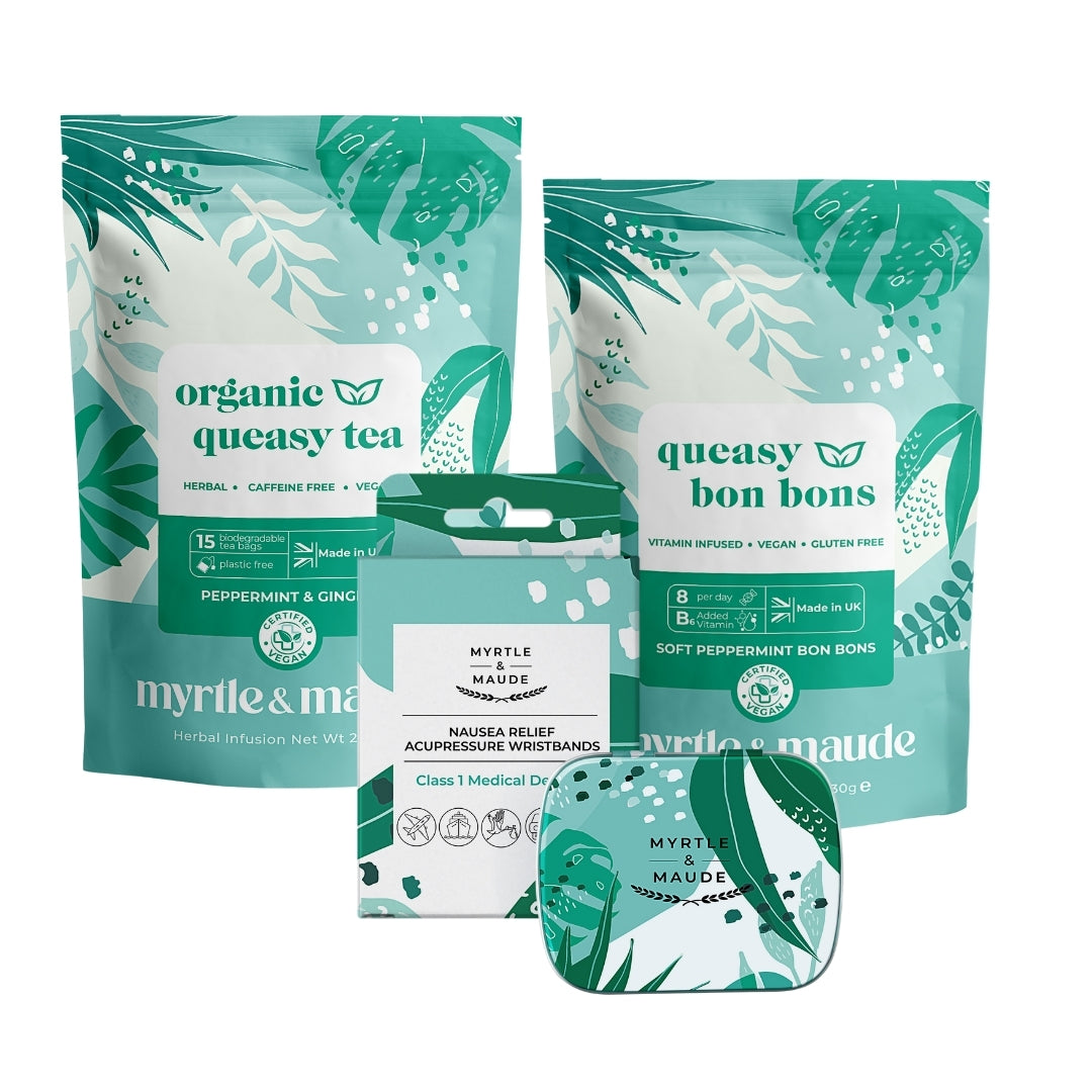 Myrtle & Maude Morning Sickness Trio Bundle - Complete Nausea Relief Kit with Organic Tea, Vitamin B6 Bon Bons, and Acupressure Wristbands