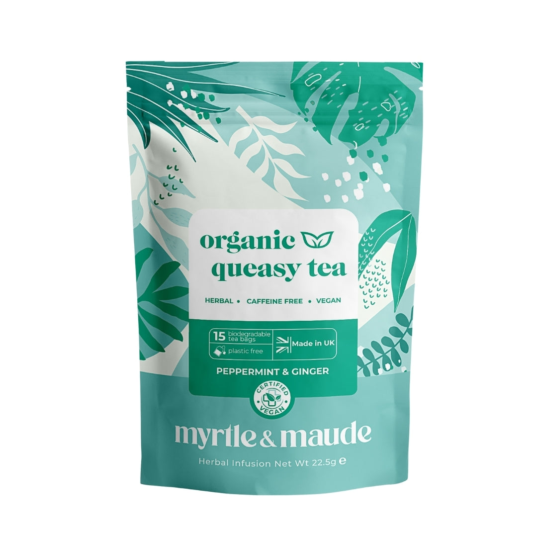 Myrtle &amp; Maude Organic Queasy Tea - Natural Morning Sickness Relief with Peppermint &amp; Ginger, Caffeine Free Herbal Nausea Tea