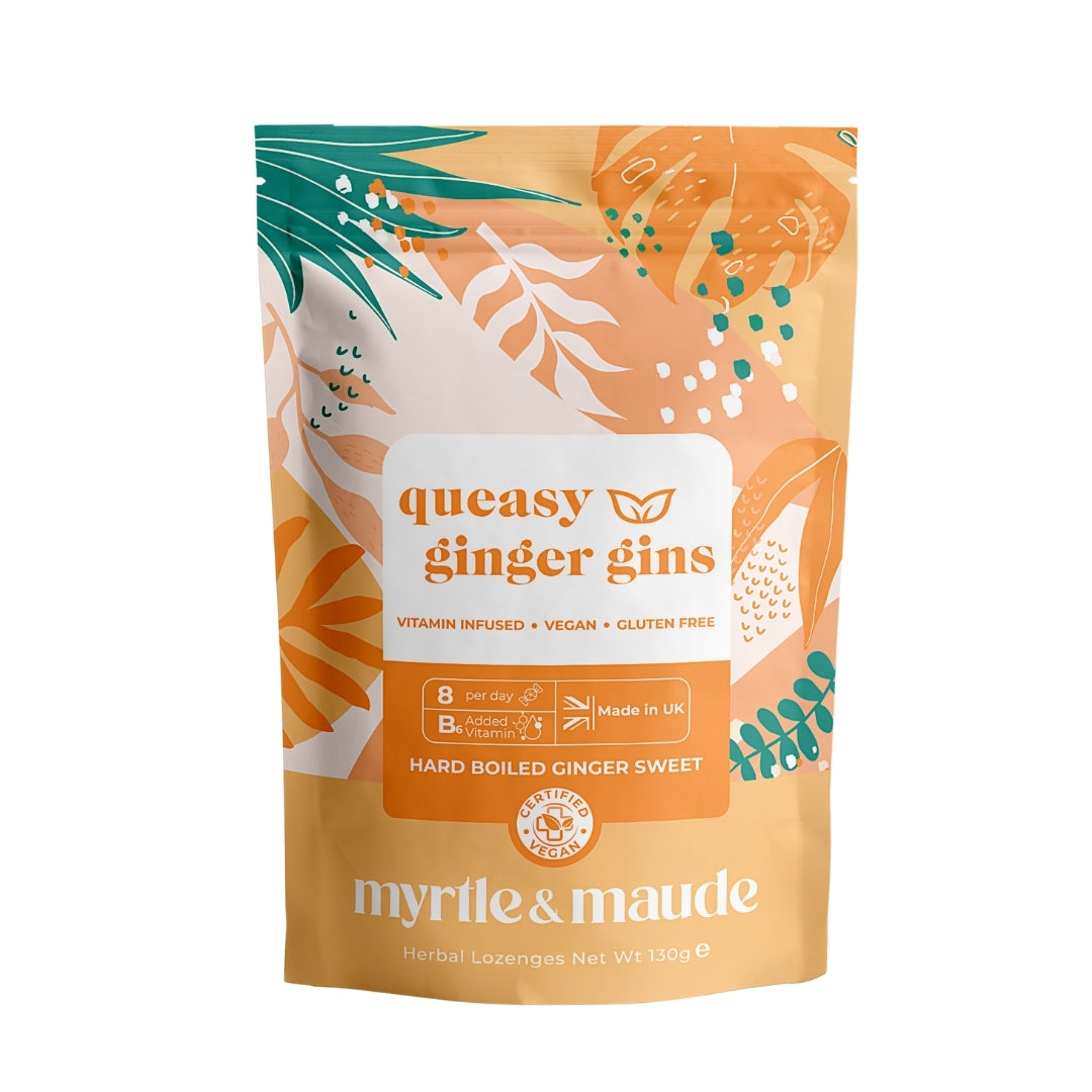 Myrtle &amp; Maude Queasy Ginger Gins - Morning Sickness Relief Hard Boiled Ginger Sweets with Vitamin B6, Vegan and Gluten Free Herbal Lozenges 130g