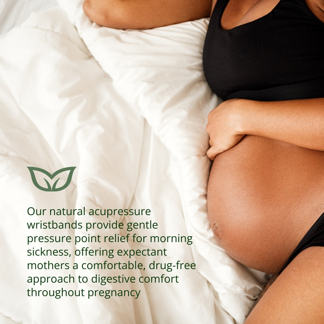 Pregnant woman with natural acupressure wristbands for gentle pressure point morning sickness relief - drug-free approach to digestive comfort during pregnancy
