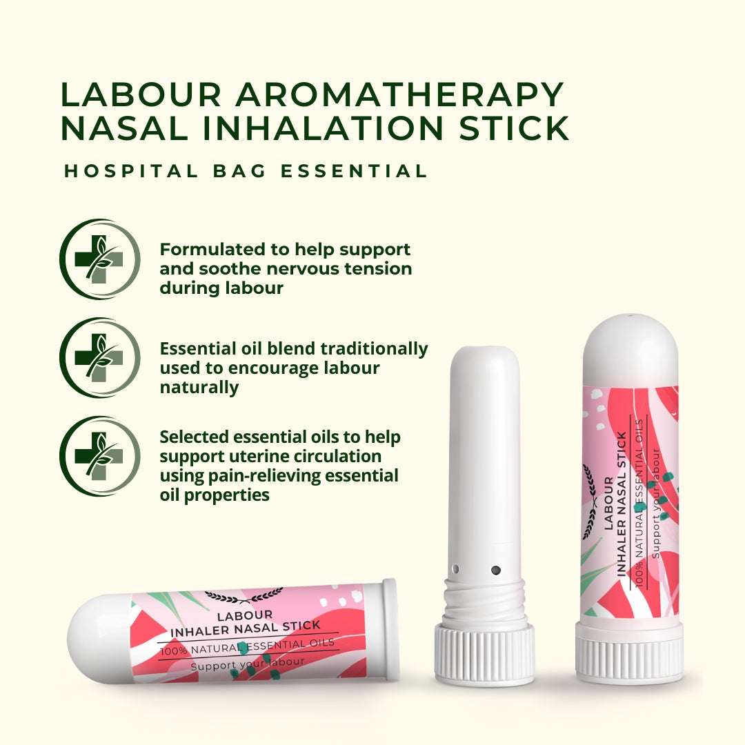Labour aromatherapy nasal inhalation stick formulated to help support and soothe nervous tension during labour - essential oil blend traditionally used to encourage labour naturally and support uterine circulation using pain-relieving essential oil properties