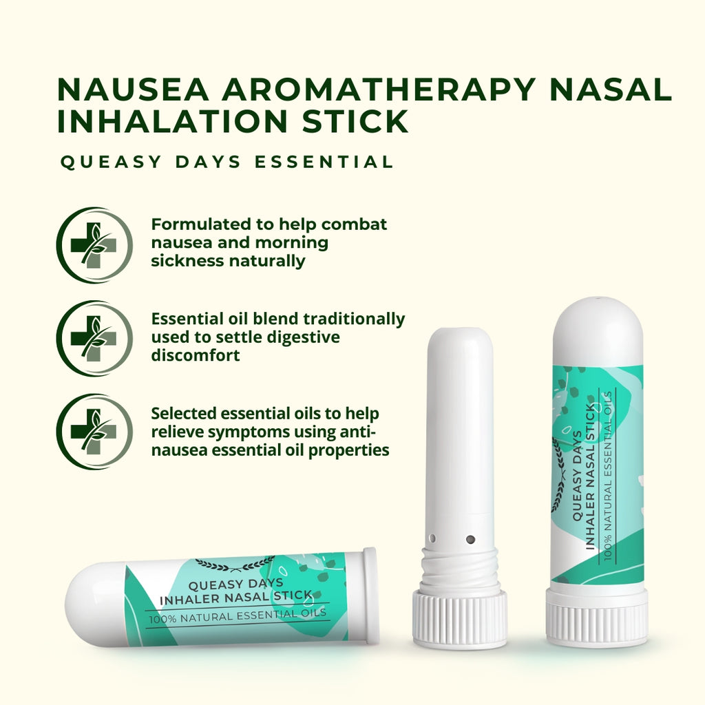 Nausea aromatherapy nasal inhalation stick formulated to combat morning sickness naturally using essential oil blend for digestive discomfort relief