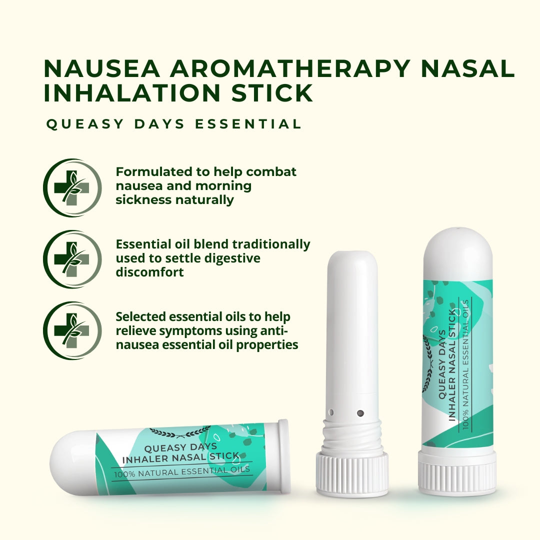 Nausea aromatherapy nasal inhalation stick formulated to combat morning sickness naturally using essential oil blend for digestive discomfort relief