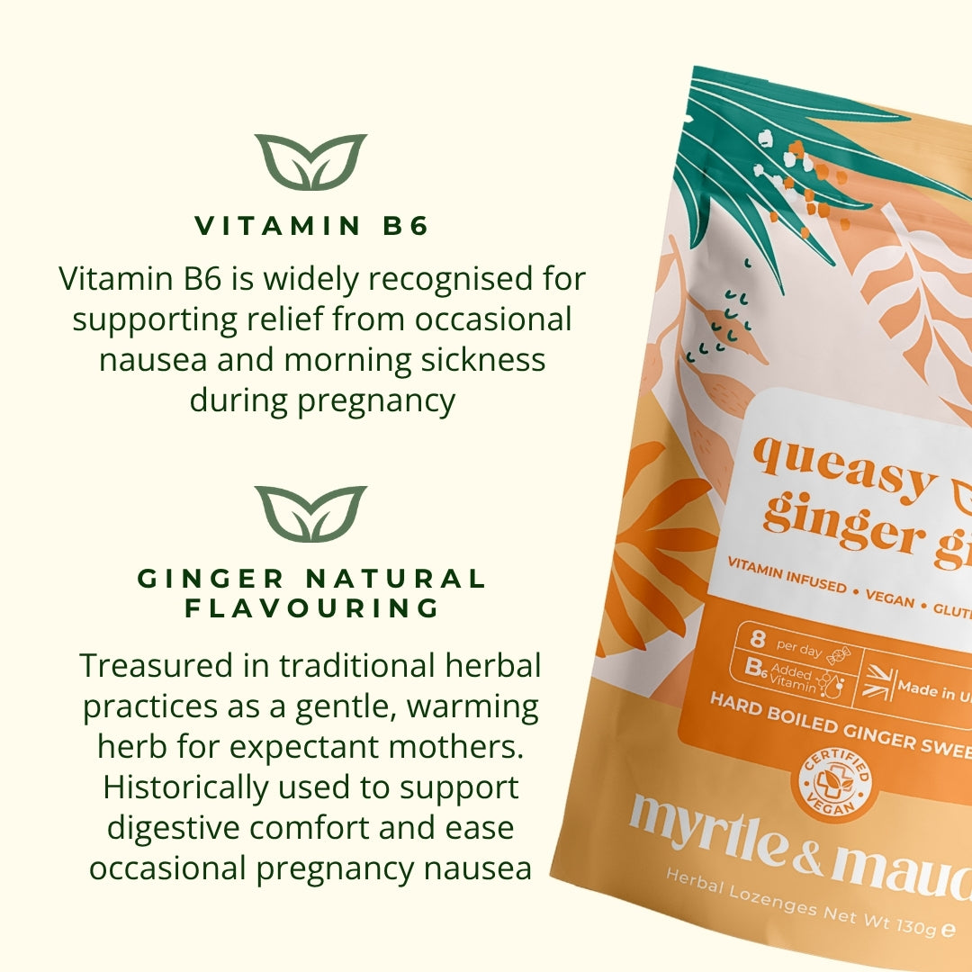 Vitamin B6 benefits for morning sickness relief - Natural ginger flavoring traditionally used for pregnancy nausea support with Myrtle & Maude ginger gins