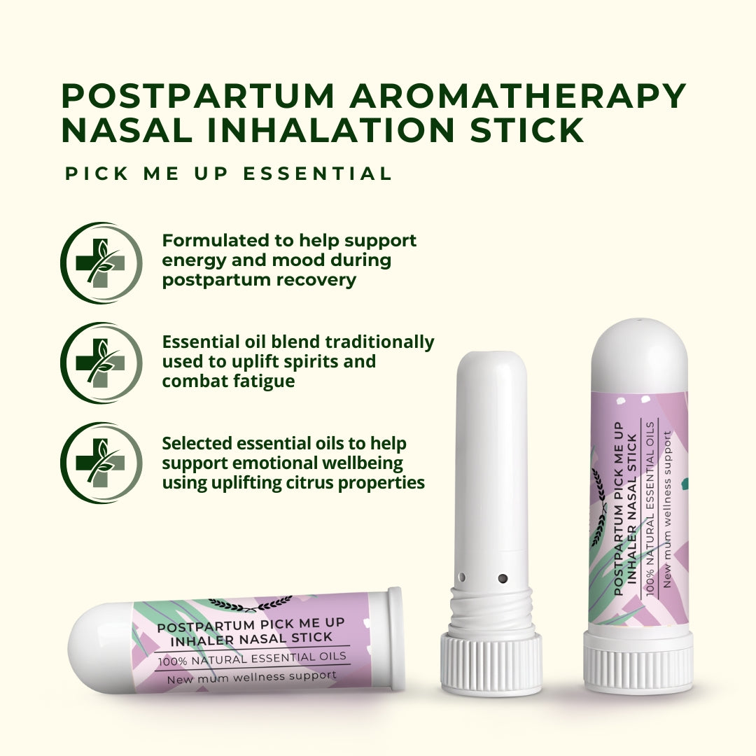 Postpartum aromatherapy nasal inhalation stick formulated to help support energy and mood during postpartum recovery - essential oil blend traditionally used to uplift spirits, combat fatigue and support emotional wellbeing using uplifting citrus properties