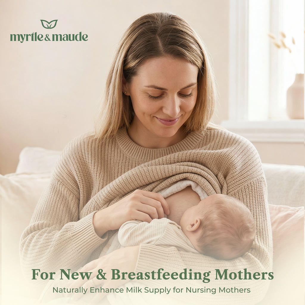 Woman breastfeeding with Myrtle & Maude organic milkflow tea - naturally enhance milk supply for new and nursing mothers