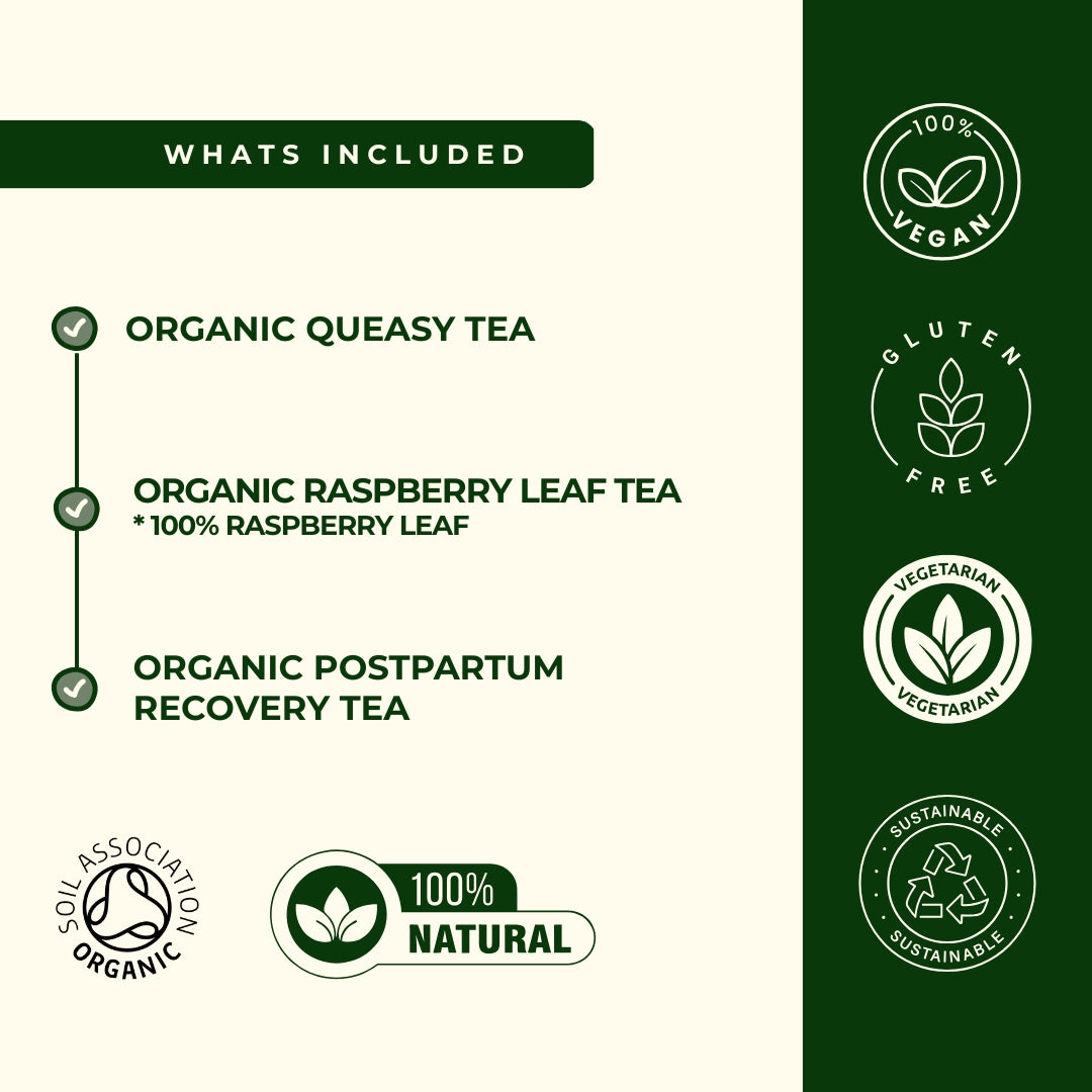 Organic pregnancy tea bundle contents - Queasy Tea for nausea, Raspberry Leaf Tea for birth preparation, Postpartum Recovery Tea, all vegan certified