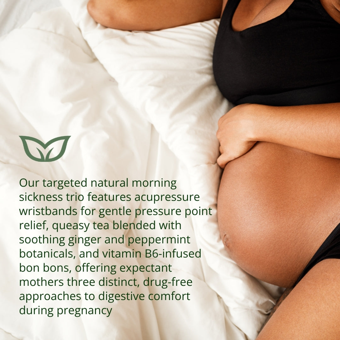 Pregnant woman with targeted natural morning sickness trio featuring acupressure wristbands, queasy tea with ginger and peppermint, and vitamin B6 bon bons for comprehensive pregnancy nausea relief