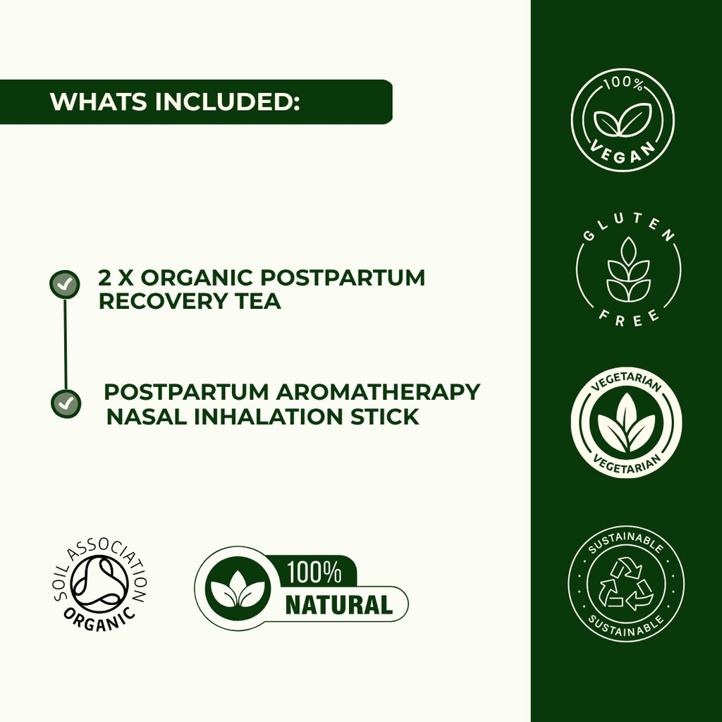 Postpartum recovery kit contents 2 organic herbal tea bags aromatherapy nasal stick vegan natural