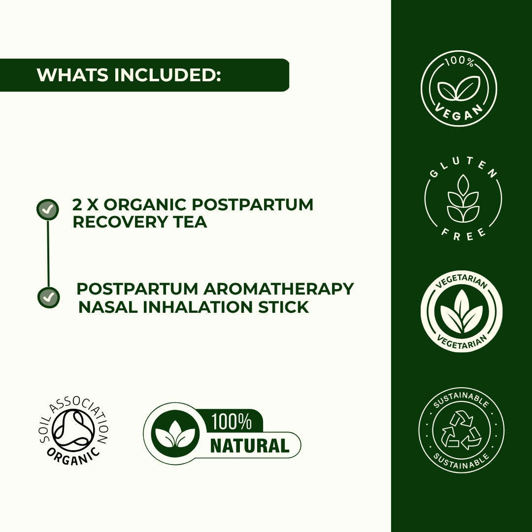 Postpartum recovery kit contents 2 organic herbal tea bags aromatherapy nasal stick vegan natural