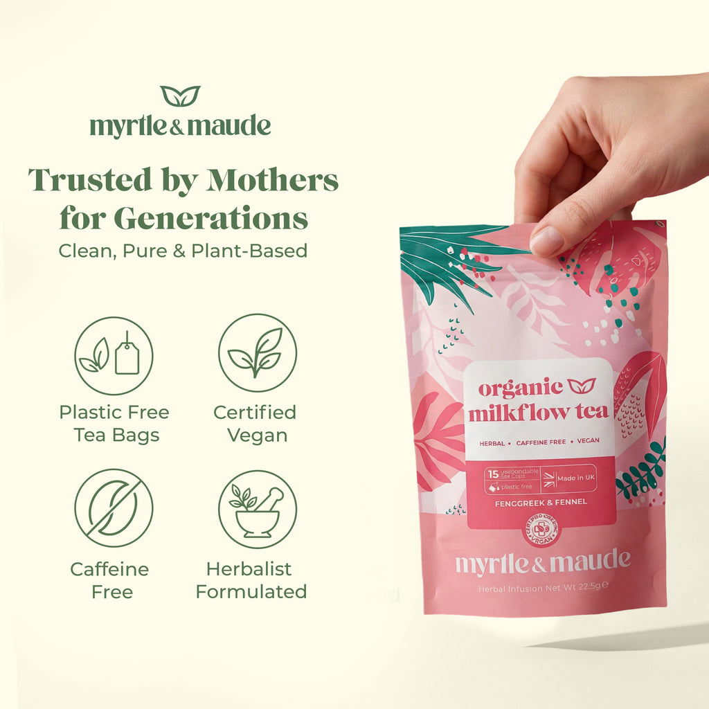 Myrtle & Maude organic milkflow breastfeeding tea - trusted by mothers for generations, plastic free, certified vegan, caffeine free, herbalist formulated