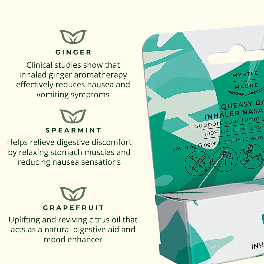 Ginger, Spearmint and Grapefruit essential oils for nausea relief - clinical studies show aromatherapy effectively reduces morning sickness symptoms