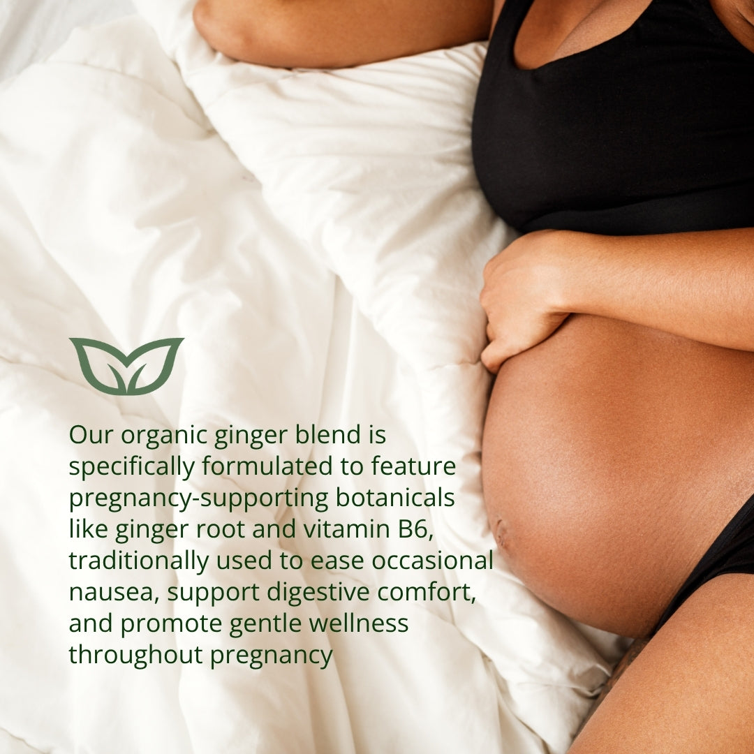 Pregnant woman showing Myrtle &amp; Maude organic ginger blend formulated for pregnancy support, digestive comfort and morning sickness relief