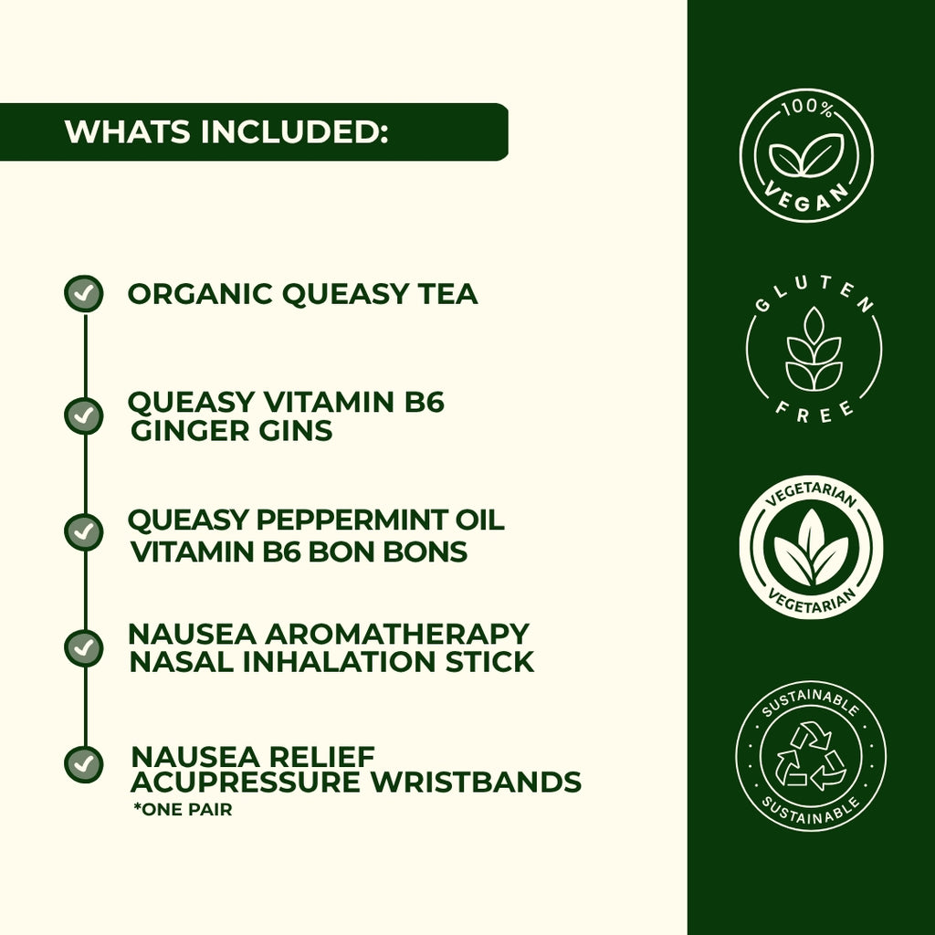 Complete morning sickness kit contents including organic queasy tea, vitamin B6 ginger gins, peppermint oil bon bons, nausea aromatherapy nasal stick and acupressure wristbands - 100% vegan pregnancy relief products