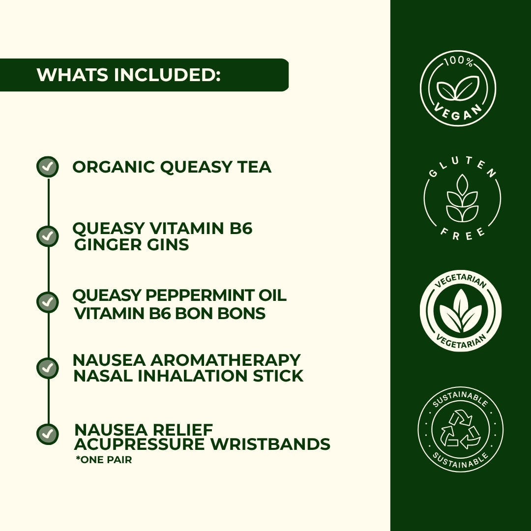 Complete morning sickness kit contents including organic queasy tea, vitamin B6 ginger gins, peppermint oil bon bons, nausea aromatherapy nasal stick and acupressure wristbands - 100% vegan pregnancy relief products