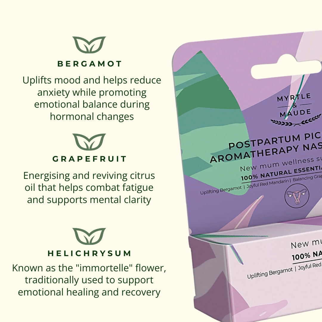 Postpartum essential oil nasal inhaler ingredients: Bergamot uplifts mood and reduces anxiety while promoting emotional balance, Grapefruit energising citrus oil combats fatigue and supports mental clarity, Helichrysum immortelle flower for emotional healing and recovery