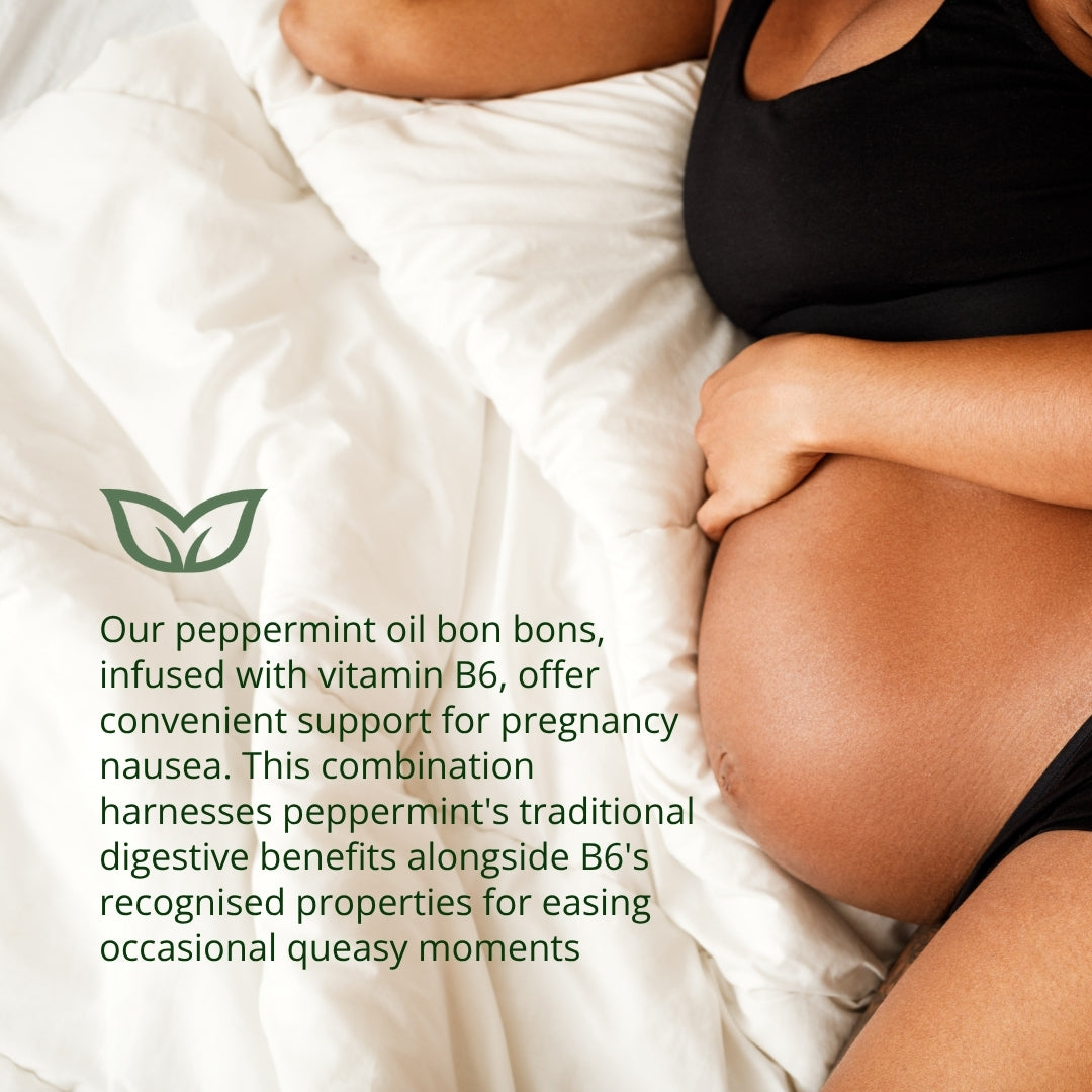 Pregnant Woman Holding Belly - Morning Sickness Relief with Vitamin B6 Peppermint Bon Bons