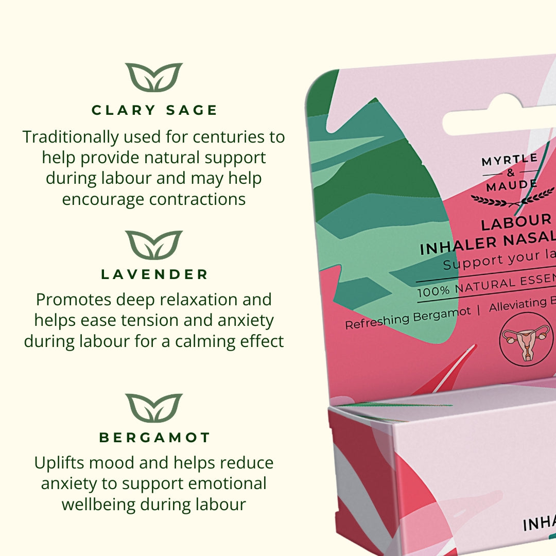 Labour aromatherapy inhaler ingredients: Clary Sage traditionally used for centuries to provide natural labour support and encourage contractions, Lavender promotes deep relaxation and eases tension during labour, Bergamot uplifts mood and reduces anxiety for emotional wellbeing during labour