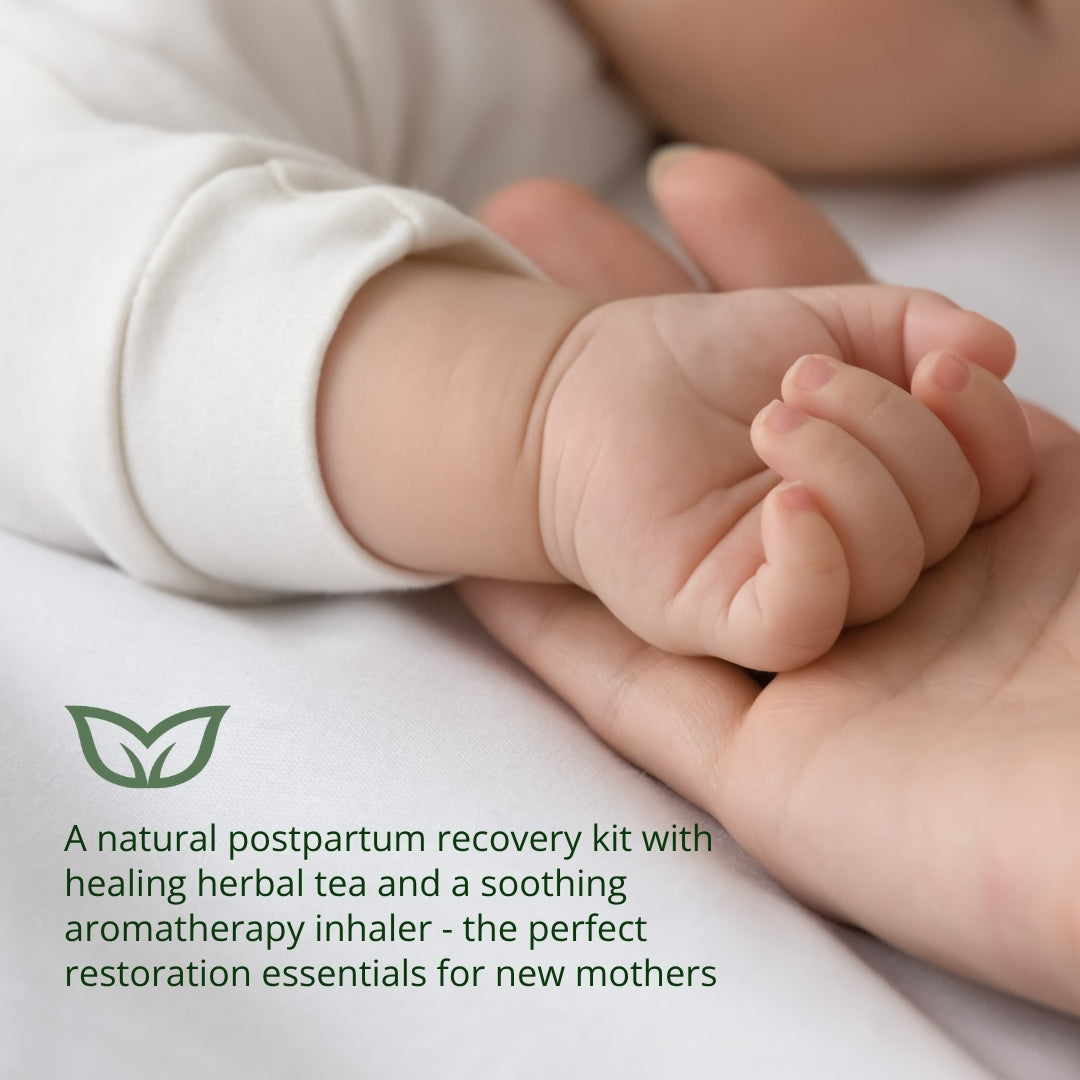 New mother holding baby hand natural postpartum recovery kit herbal tea aromatherapy healing essentials