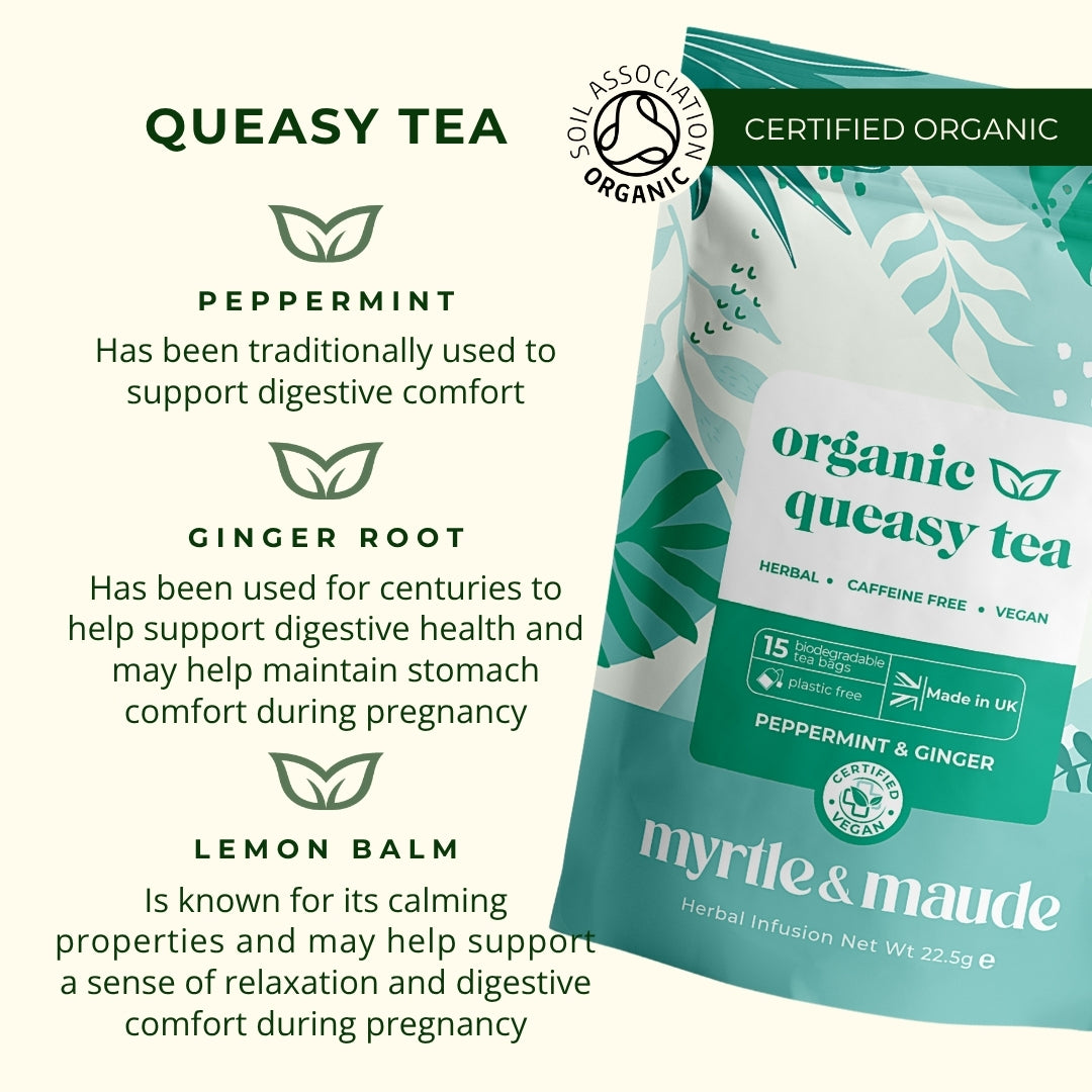 Organic queasy tea ingredients for morning sickness - peppermint, ginger root, lemon balm traditionally used for digestive comfort during pregnancy, soil association certified