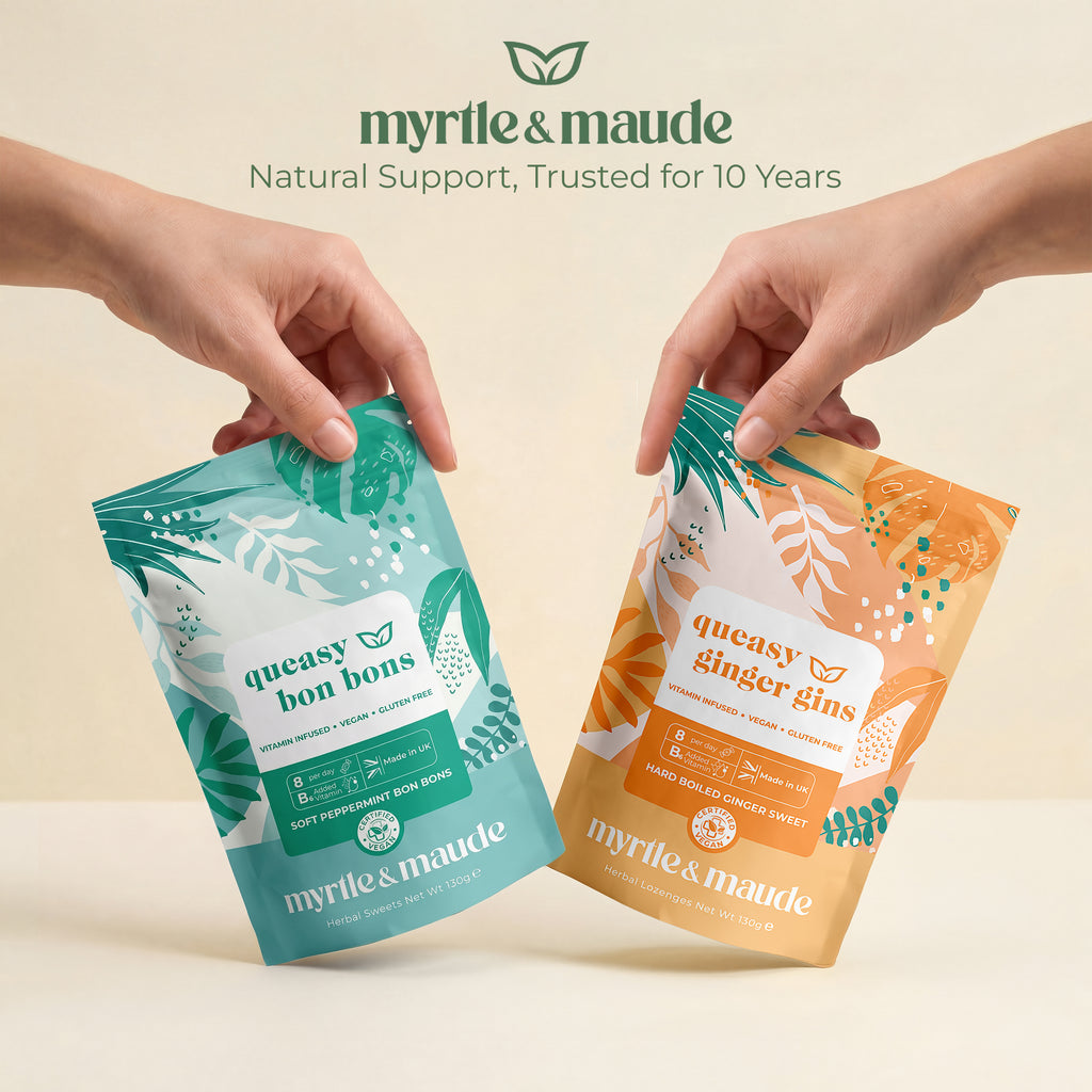 Myrtle & Maude queasy bon bons and ginger gins packs - natural pregnancy nausea sweets trusted for 10 years