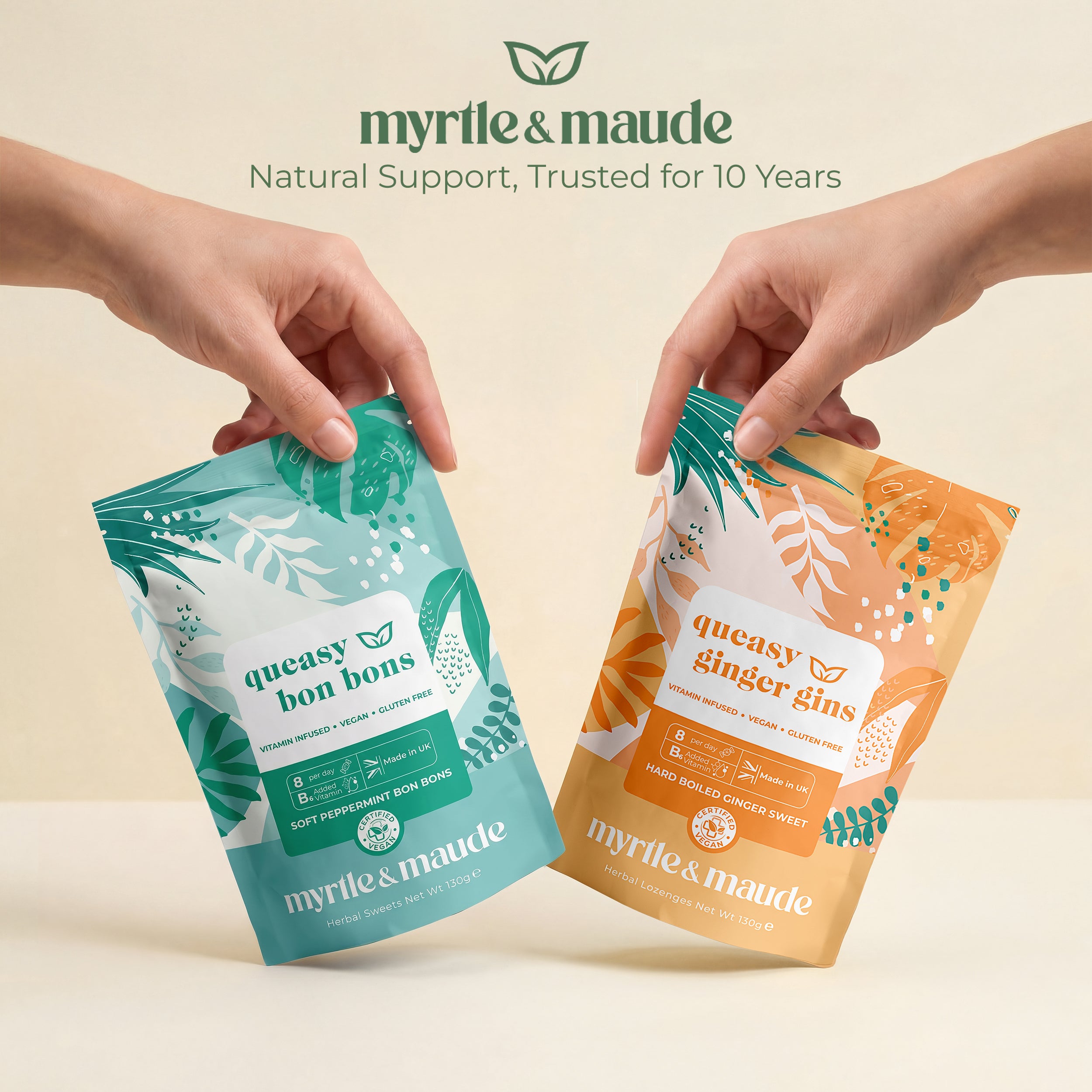 Myrtle & Maude queasy bon bons and ginger gins packs - natural pregnancy nausea sweets trusted for 10 years