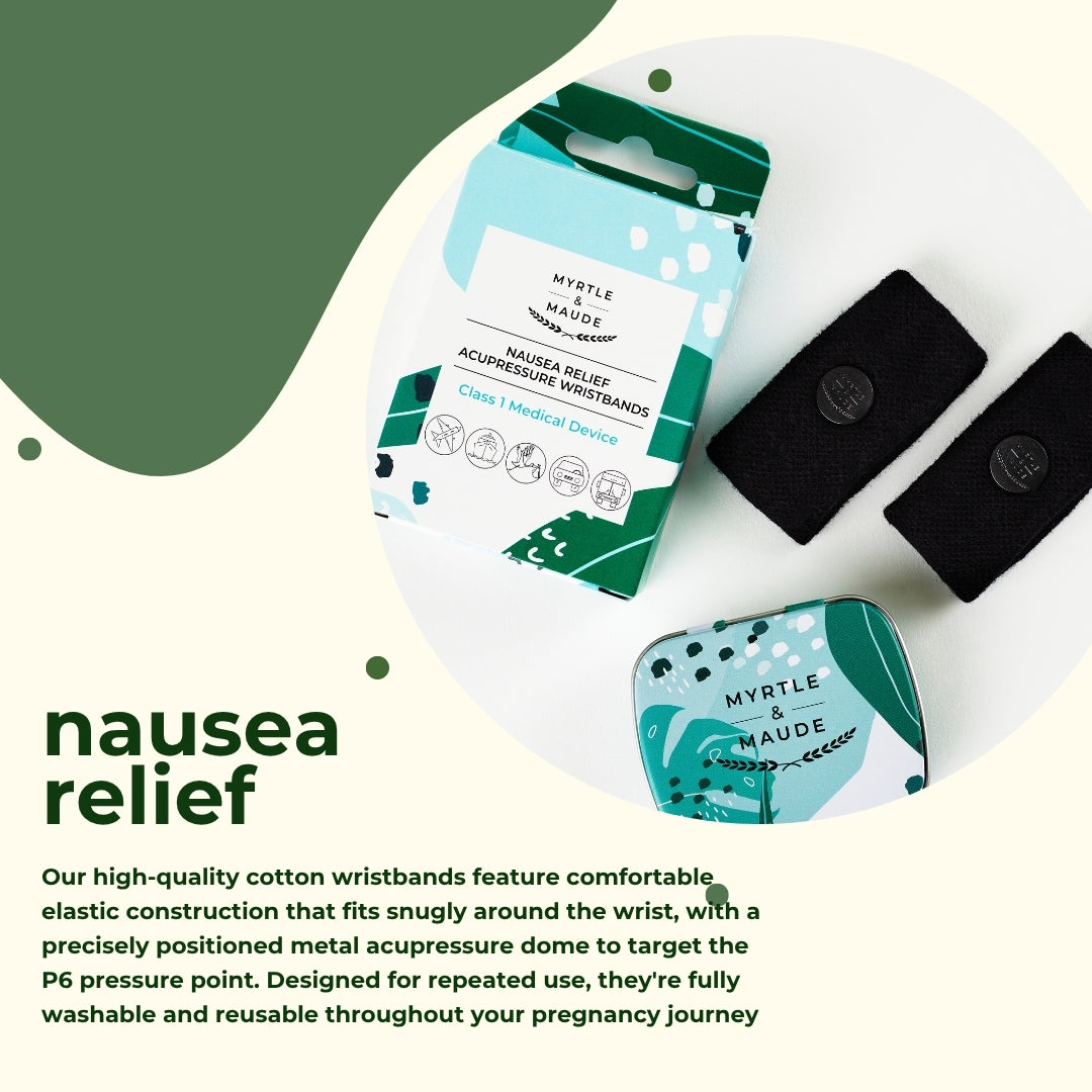 Nausea relief acupressure wristbands with comfortable elastic cotton construction and metal pressure dome targeting P6 acupressure point for pregnancy sickness