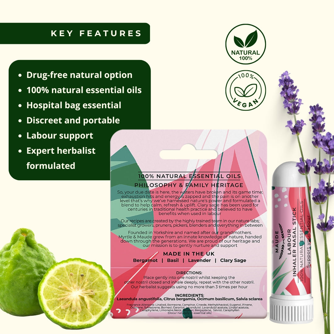 Labour aromatherapy inhaler key features - drug-free natural option, 100% natural essential oils, hospital bag essential, discreet and portable, labour support, expert herbalist formulated with bergamot, basil, lavender and clary sage essential oils made in UK
