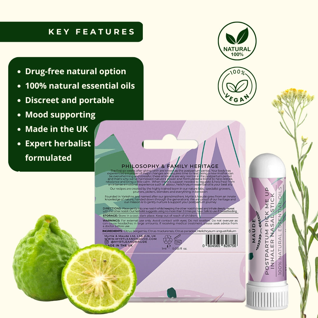 Postpartum aromatherapy inhaler key features - drug-free natural option, 100% natural essential oils, discreet and portable, mood supporting, made in UK, expert herbalist formulated with fresh bergamot and grapefruit essential oils