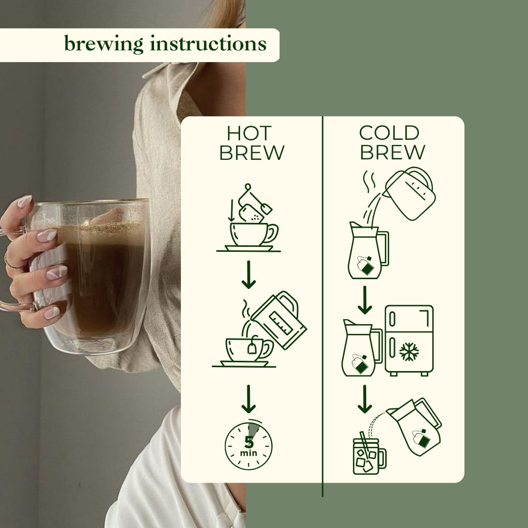 Fertility tea brewing instructions hot cold brew method woman drinking herbal tea glass mug