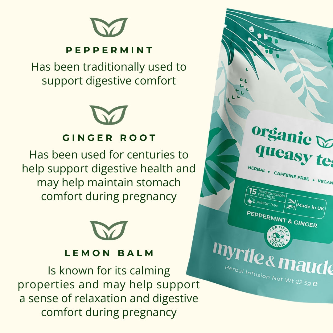 Peppermint, ginger root and lemon balm benefits for digestive comfort during pregnancy - Myrtle &amp; Maude organic queasy tea ingredients
