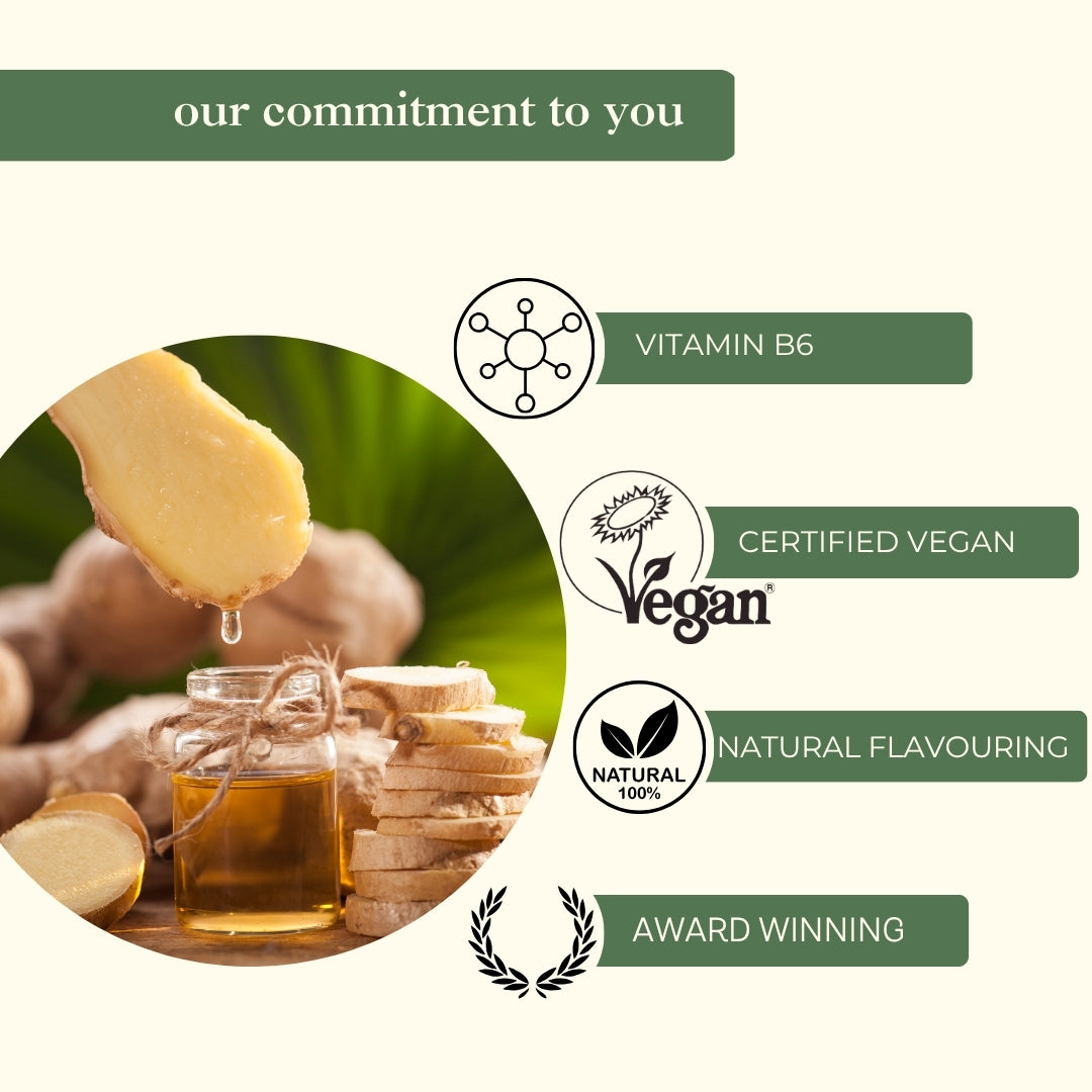Myrtle & Maude commitment featuring Vitamin B6 enriched, certified vegan, natural flavoring and award-winning morning sickness ginger gins