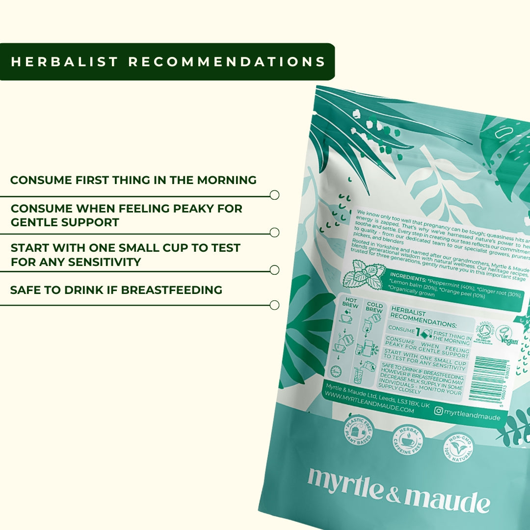 Herbalist recommendations for organic morning sickness tea - consume first thing in morning, safe for breastfeeding, start with small cup