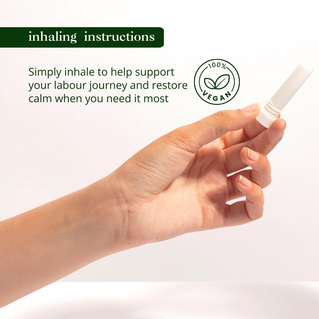Labour aromatherapy nasal inhaler usage instructions - simply inhale to help support your labour journey and restore calm when needed most, certified vegan essential oil stick for natural birth preparation and labour pain relief