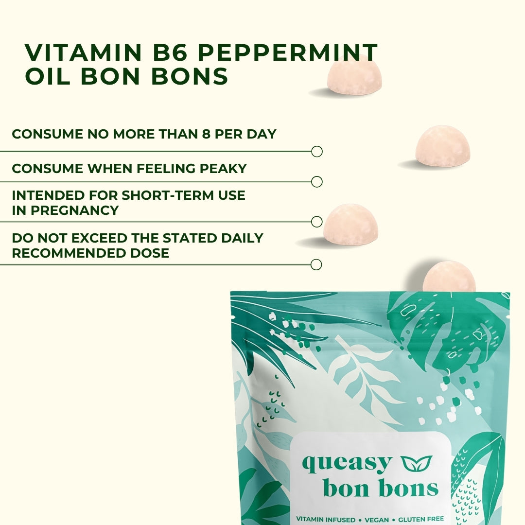 Vitamin B6 peppermint oil bon bons usage recommendations - consume maximum 8 per day when feeling nauseous, short-term pregnancy use, do not exceed daily dose