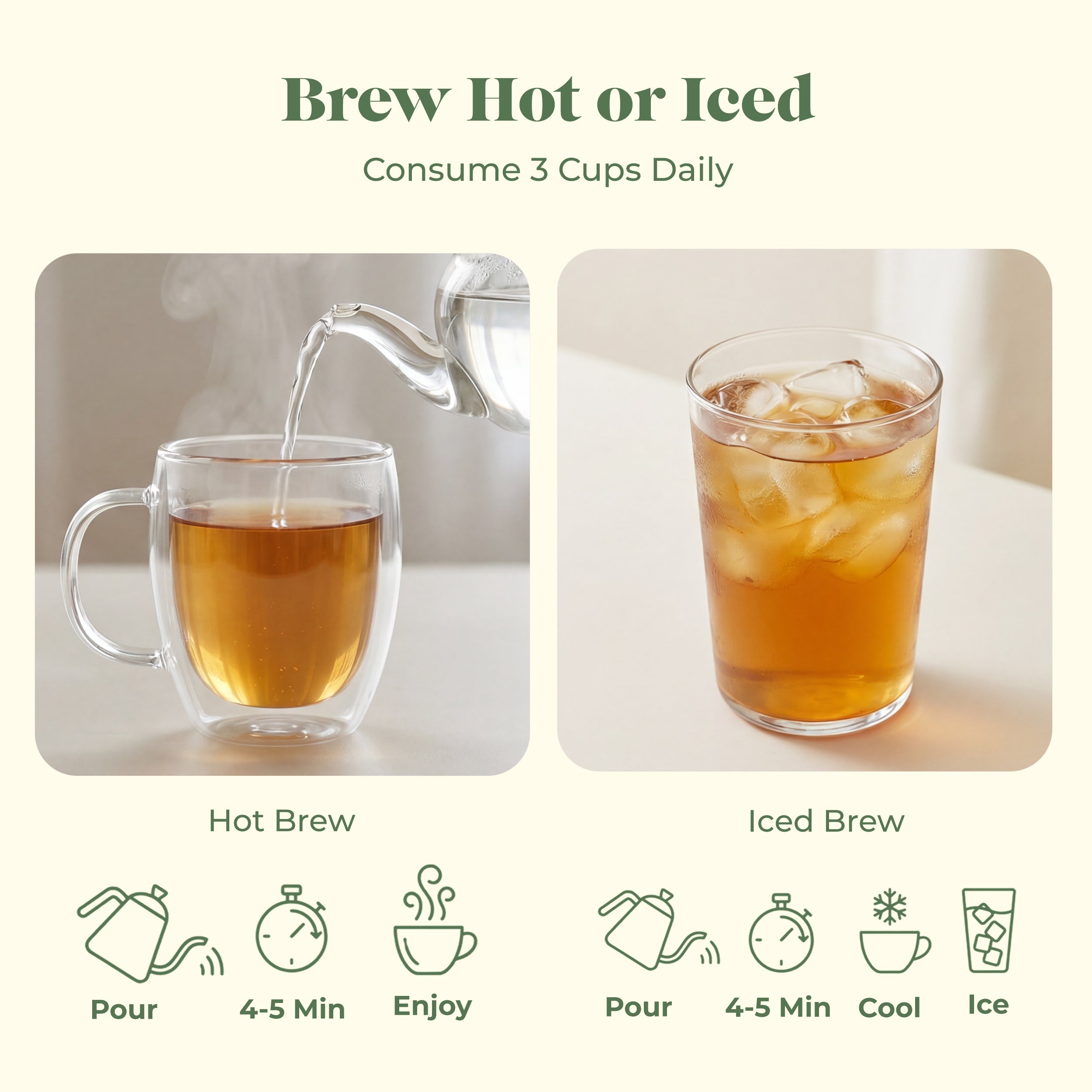 How to brew Myrtle & Maude milkflow breastfeeding tea - hot or iced method, steep 4-5 minutes, consume 3 cups daily for milk supply support