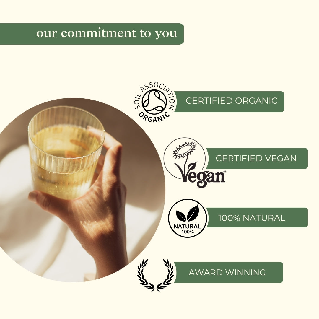 Myrtle &amp; Maude postpartum recovery tea certifications - certified organic, certified vegan, 100% natural and award-winning herbal tea for new mothers&#39; recovery and breastfeeding support