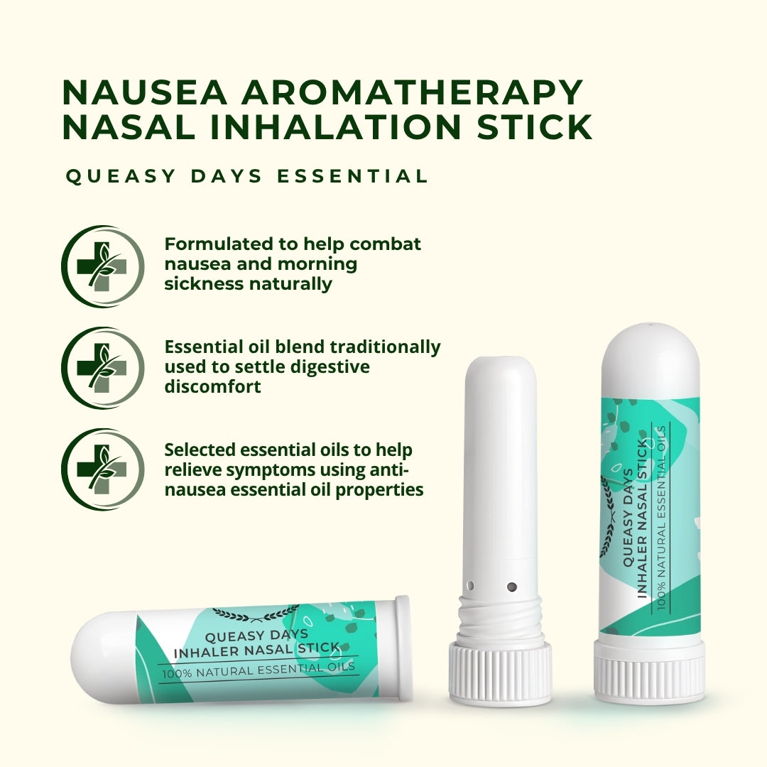 Natural aromatherapy nasal inhalation stick for pregnancy nausea relief with essential oils - portable morning sickness remedy by Myrtle & Maude using anti-nausea essential oil properties